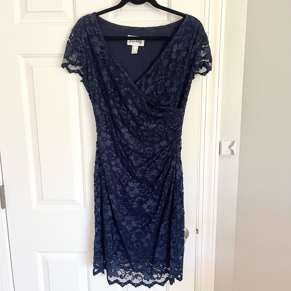 Joseph Ribkoff Navy Blue Lace Wrap Short Sleeve Dress